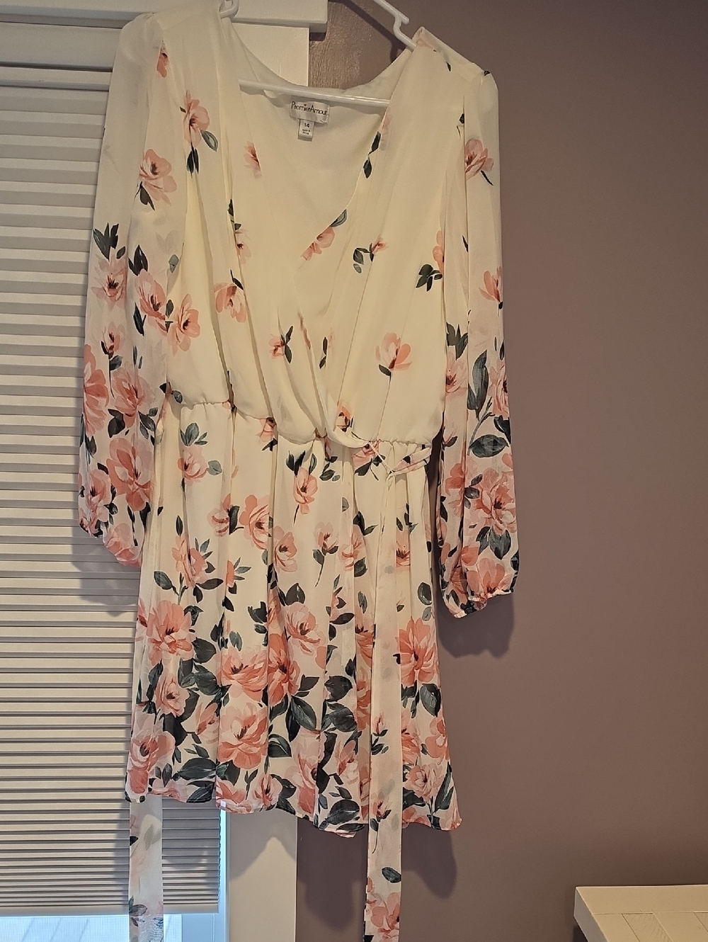 Cream Floral Wrap Mini Dress with Pink Blossoms